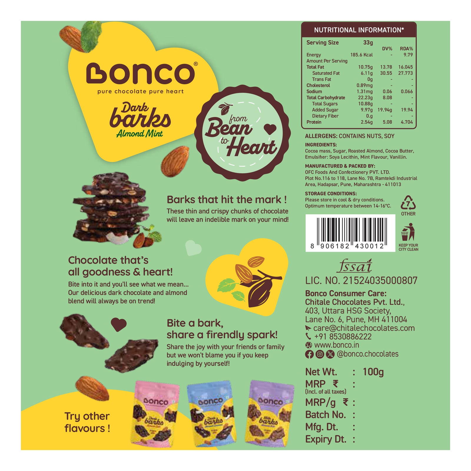 Back side view of a dark chocolate bark packet infused with almond and mint with all the information