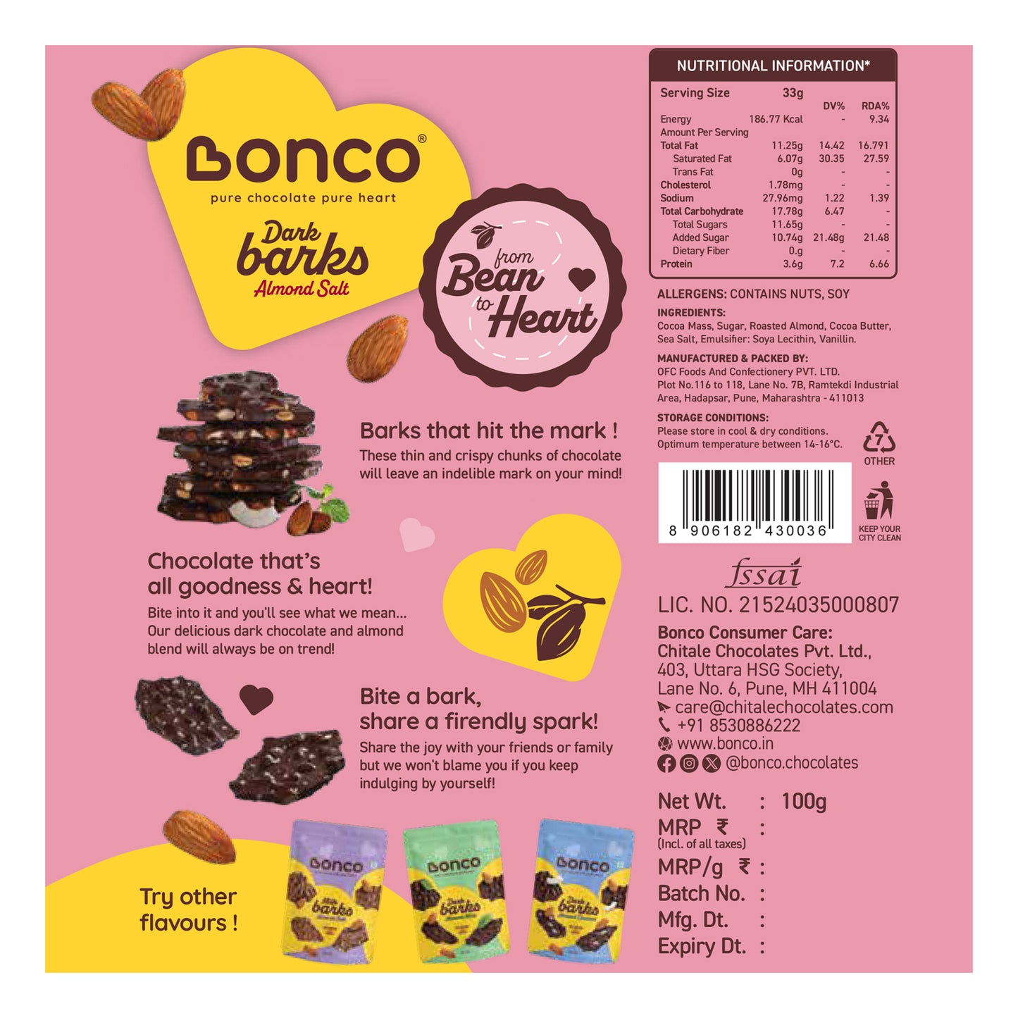 Back side view of a dark chocolate bark packet infused with almond and sea salt with all the information