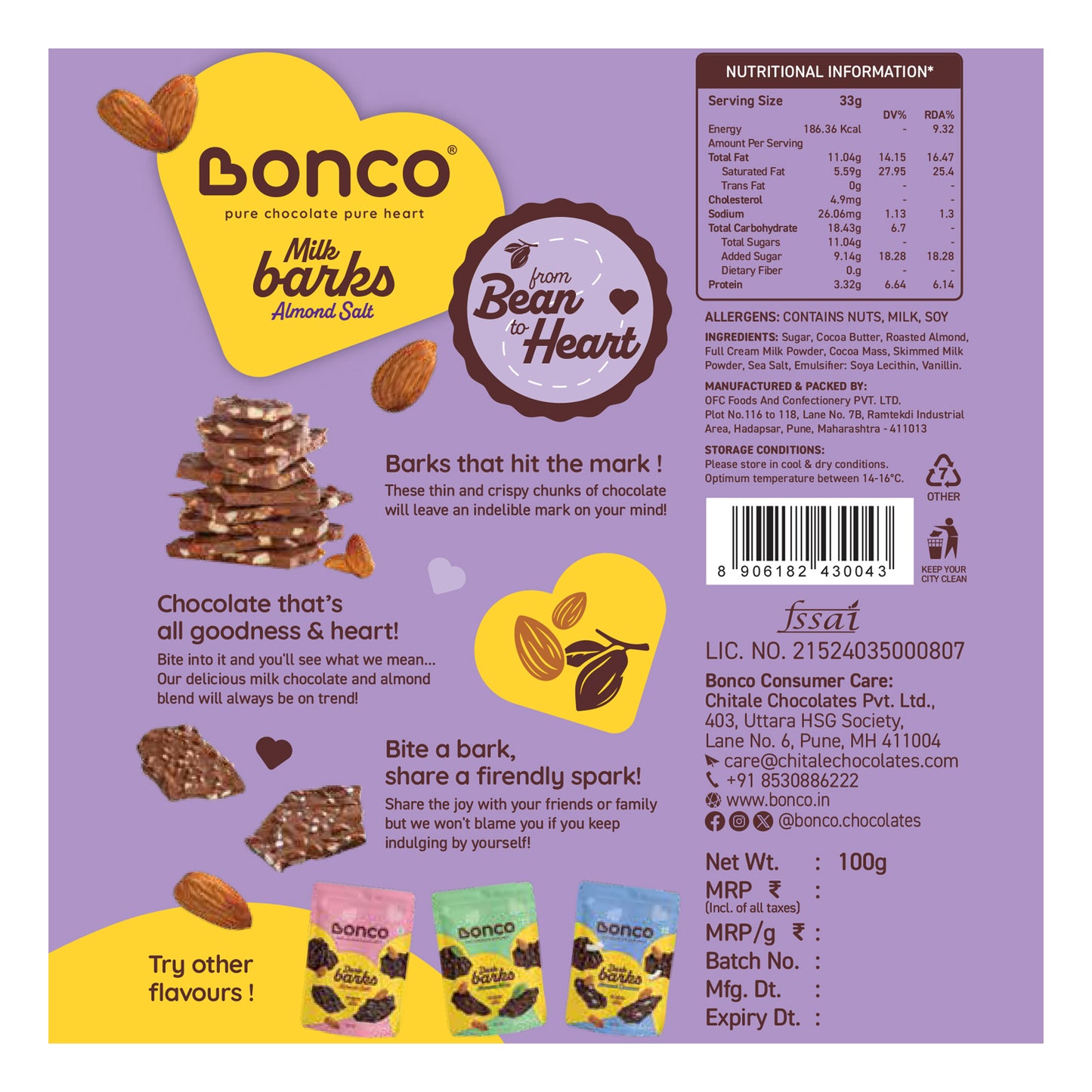 Back side view of a white chocolate bark packet infused with almond and sea salt with all the information