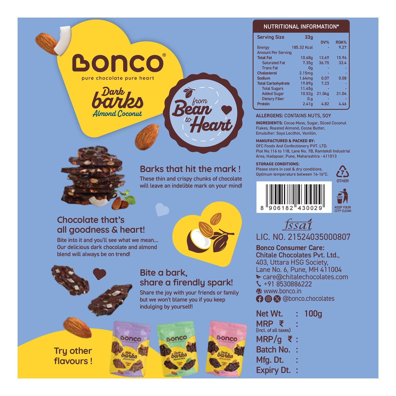 Back side view of a dark chocolate bark packet infused with almond and coconut with all the information