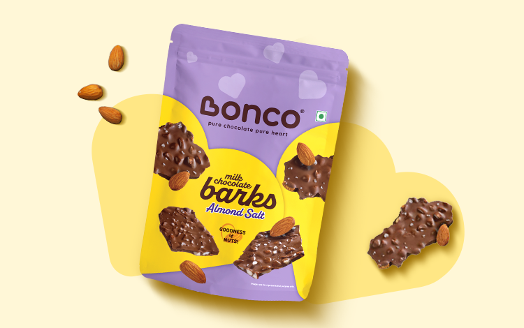 A packet of dark chocolate bark infused with almond and coconut