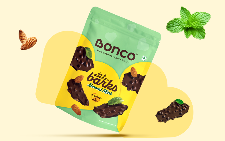 A packet of dark chocolate bark infused with almond and mint